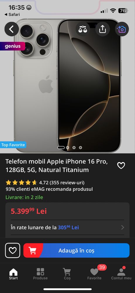 Apple iPhone 16 Pro, 128GB, 5G, Natural Titanium , Sigilat