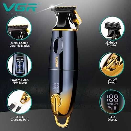 Нов мъжки VGR Тример за брада коса Безжичен 180мин батерия 5 приставки