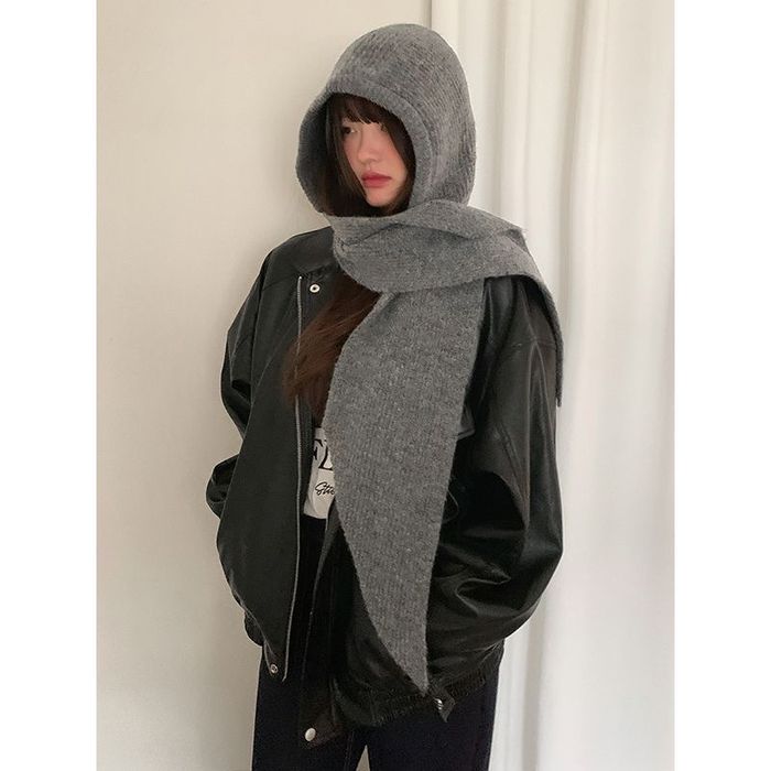 Вязаная шапка-капор с шарфом | Тёплая зимняя | Корейский стиль.