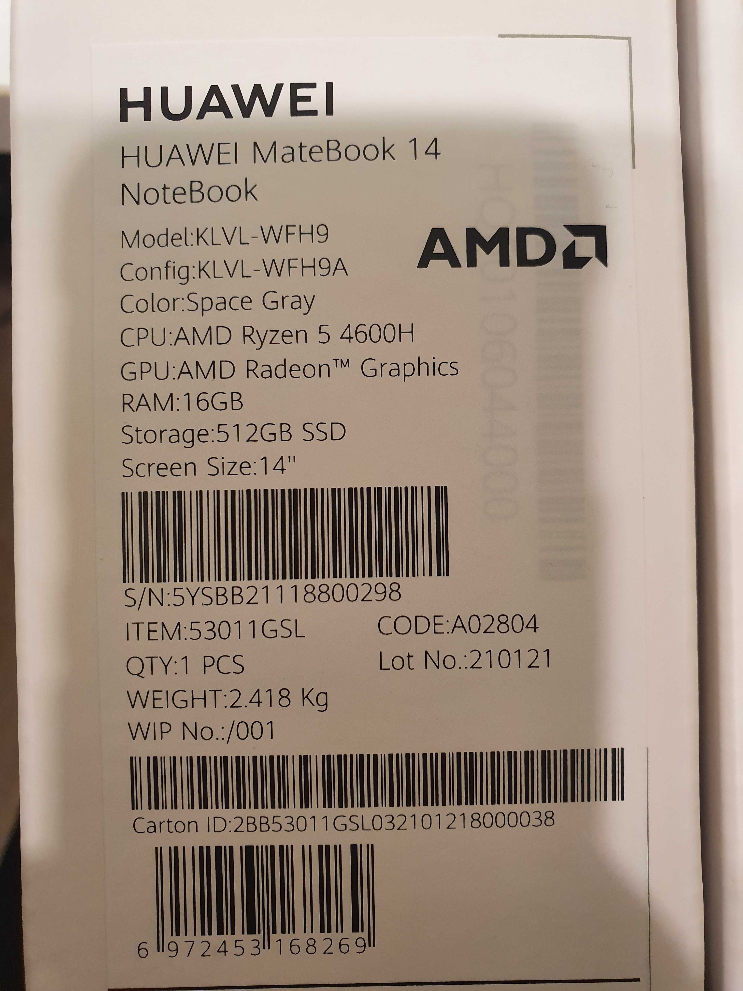 Laptop ultraportabil Huawei MateBook 14 cu procesor AMD Ryzen 5 4600H