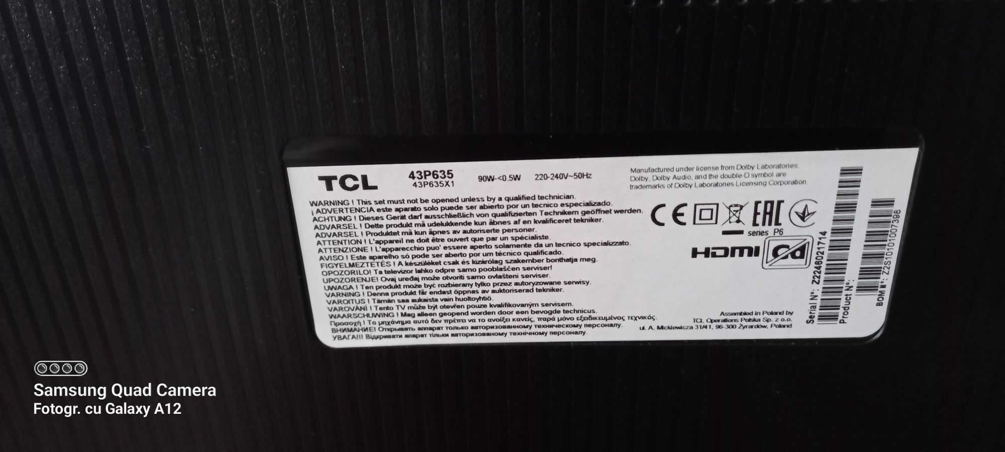 Tv Led TCL 43P635 Cu ecran spart.