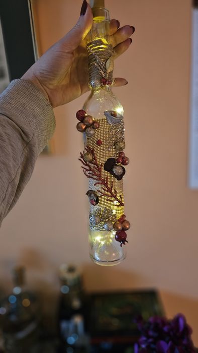 Коледни светещи бутилки и свещници- ръчна изработка.