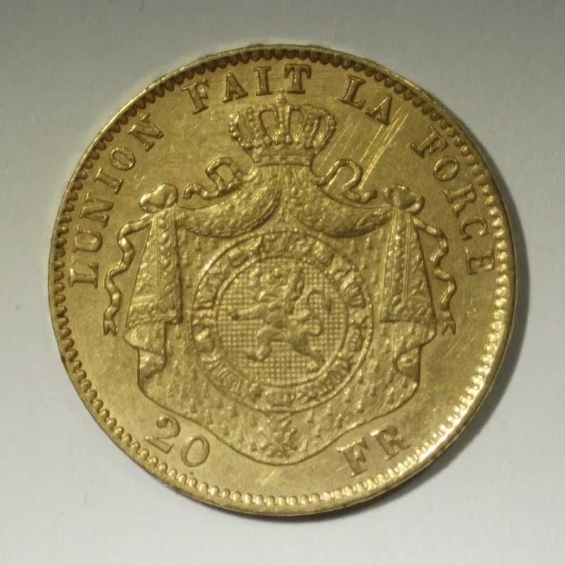 Moneda de aur 1877 King Leopold II 20 Franci