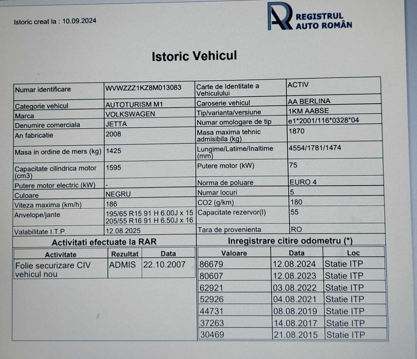 Vw jetta an 2008 motor 1.6 benzină  MPI  102 CP  91779km reali