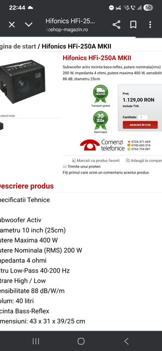 Hifonics hfi 250A mkii amplificator auto subwoofer
