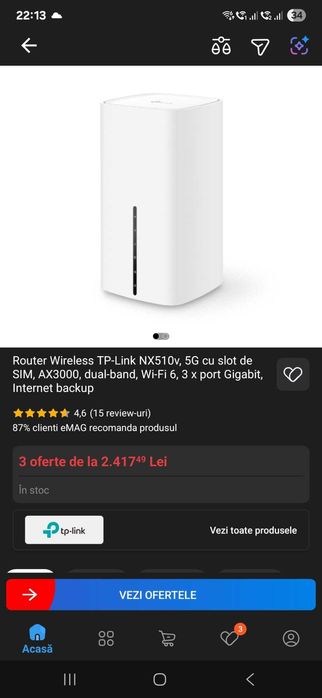 Router Wireless TP-Link NX510v,5G slot SIM,AX3000,Wi-Fi 6,3xGigabit