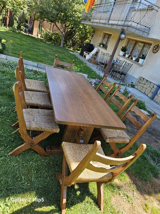 Масивен Трапезен комплект от Дъб и естествен ратан