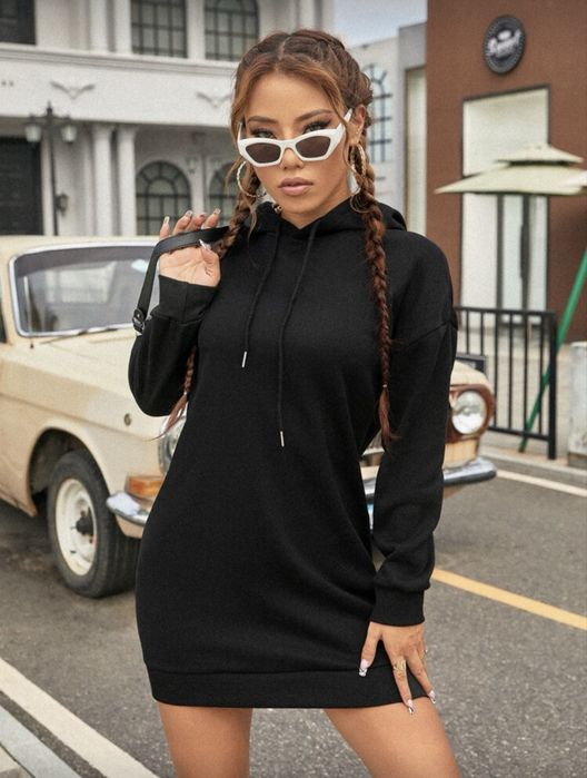 Черна ватирана рокля hoodie