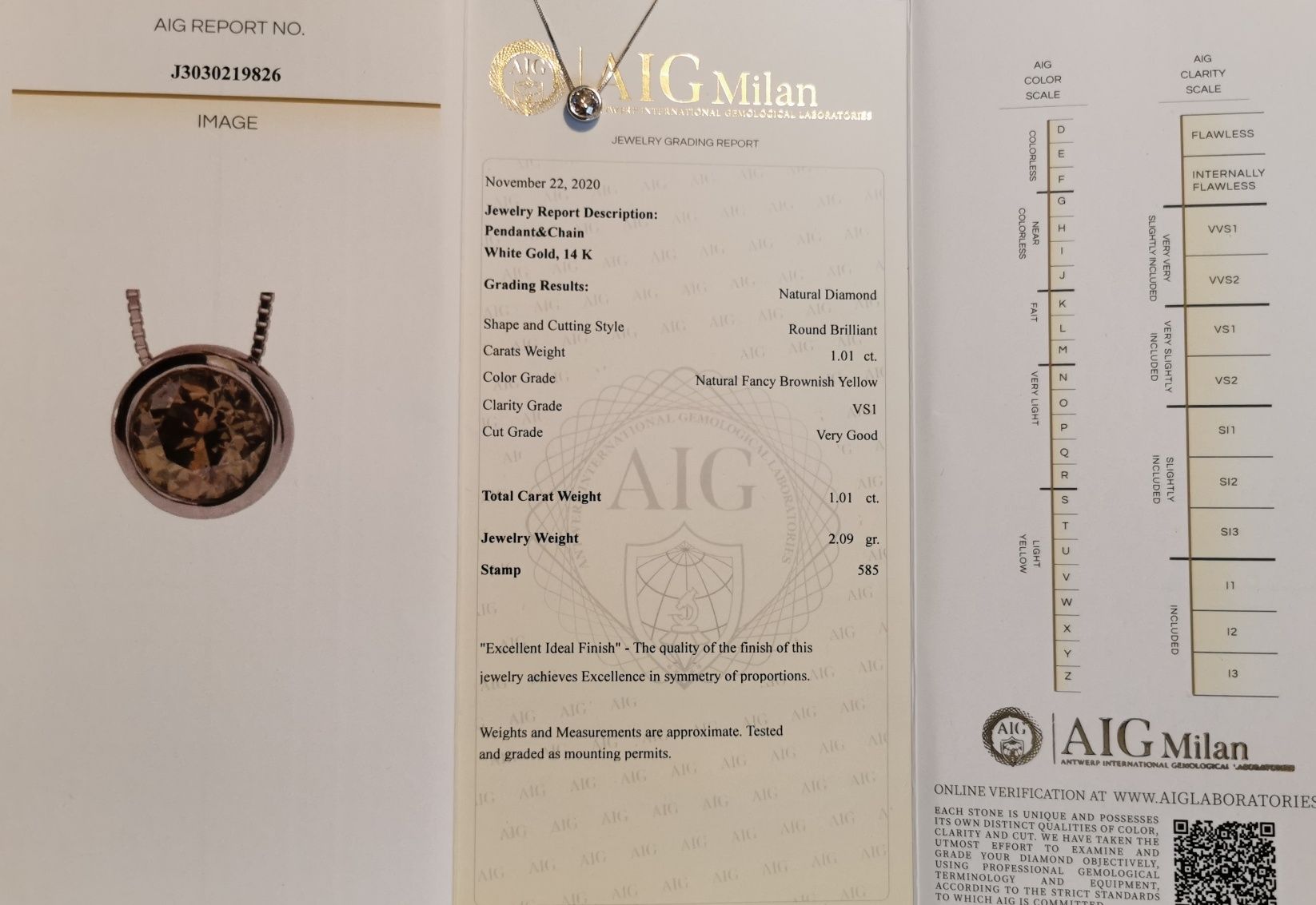 Colier Aur Alb Cu Pandativ 1.01 ct DIAMANT- Certificare AIG