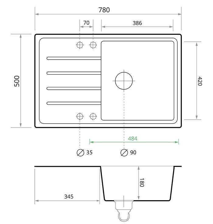 Кухненска Мивка от грани Копенхаген 780-50 Smart 780 x 500 mm - Графит