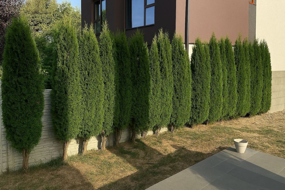 Tuia Leylandii, un arbust ornamental verde-închis, cu o formă piramida
