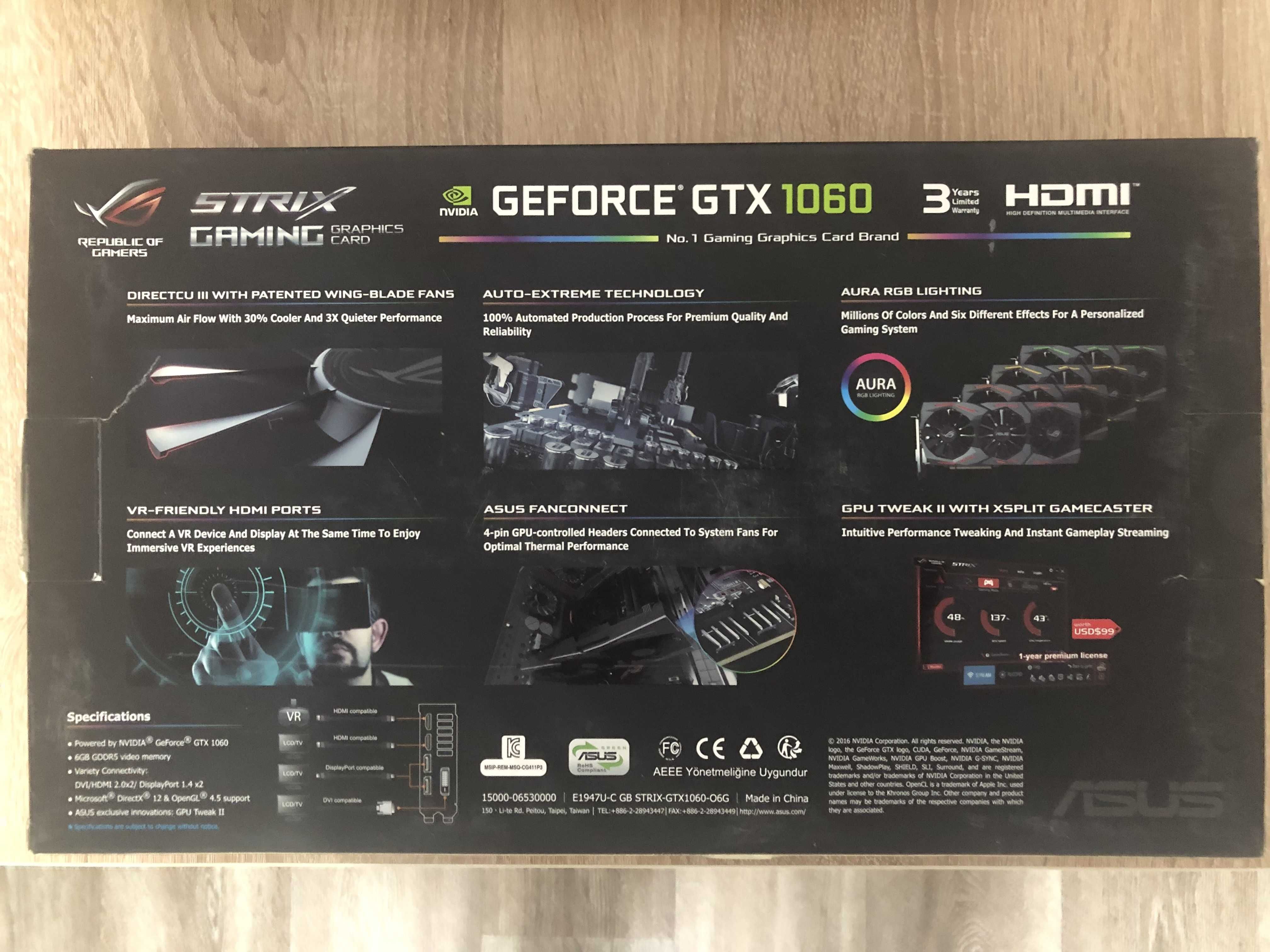 Видеокарту Asus ROG Strix GeForce® GTX 1060 OC edition 6GB.