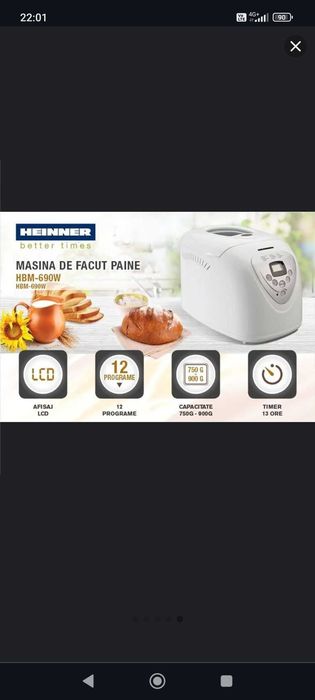 Masina de paine Heinner HBM-690W, 600W, 900 g, 12 programe, Alb