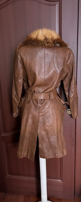 Trench de piele maro cu guler - designer