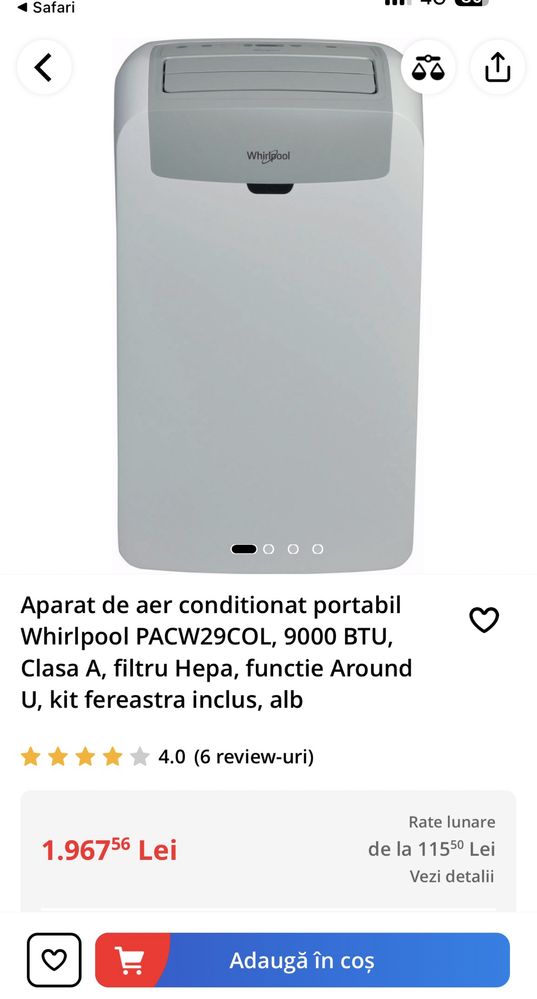 OFERTA Aparat de aer conditionat portabil Whirlpool PACW29COL, 90000