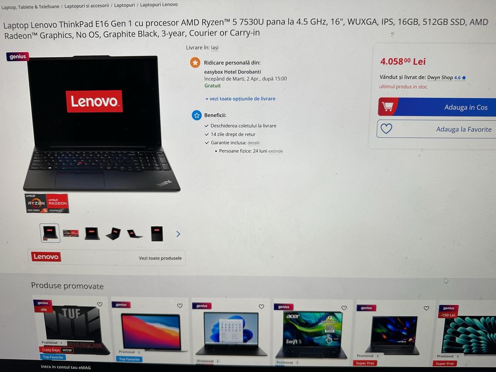 Lenovo ThinkPad E16 Gen1-16 inch Ryzen 5 7530U 4.5Ghz,16GB,GARANTIE