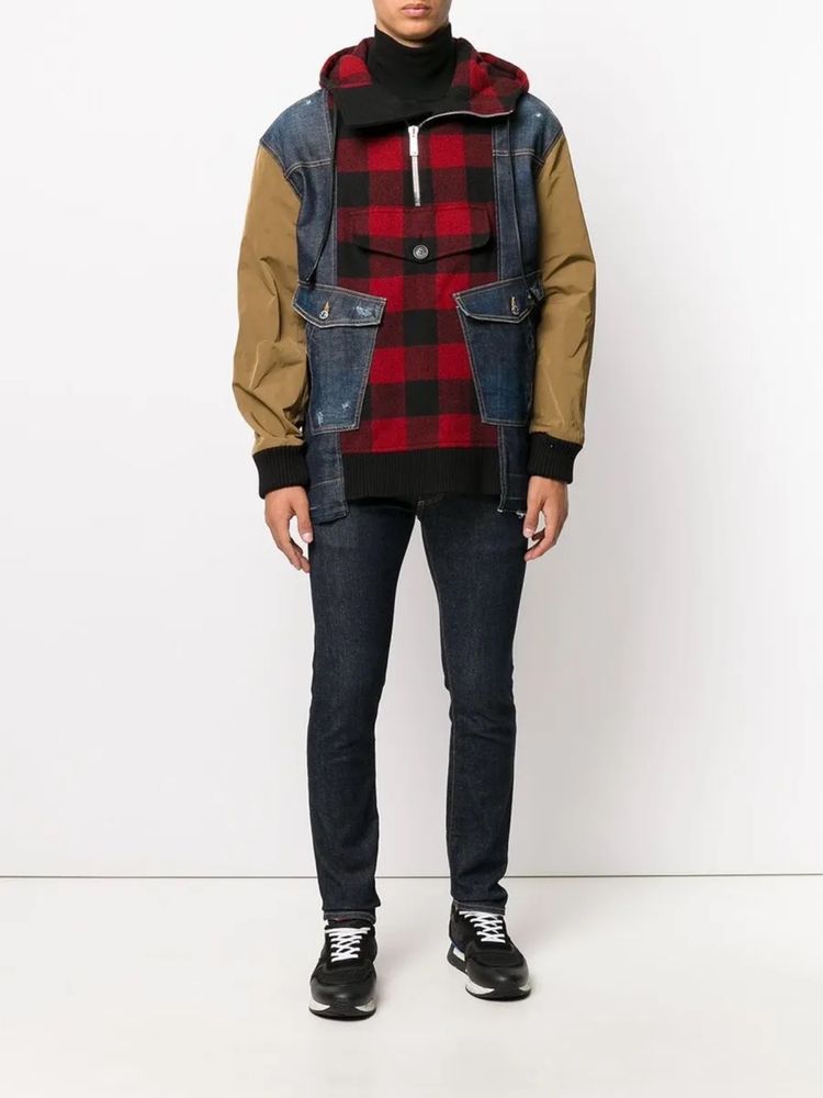 Dsquared2 Distressed Denim Wool Checkered Jacket