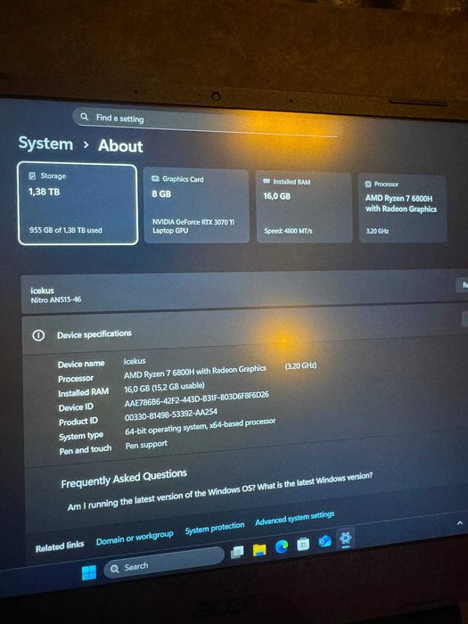 Лаптоп Gaming Acer Nitro 5, Ryzen 6800H, 16 GB, RTX 3070 Ti - ГАРАНЦИЯ