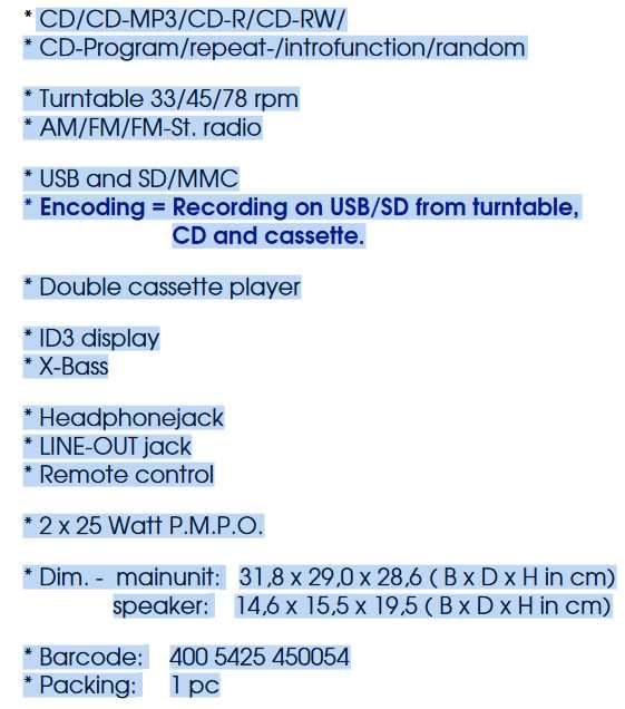 Combina Audio SOUNDMASTER MCD-4500 (CD/MC/Pick-up/Amplif/USB)- ca Noua