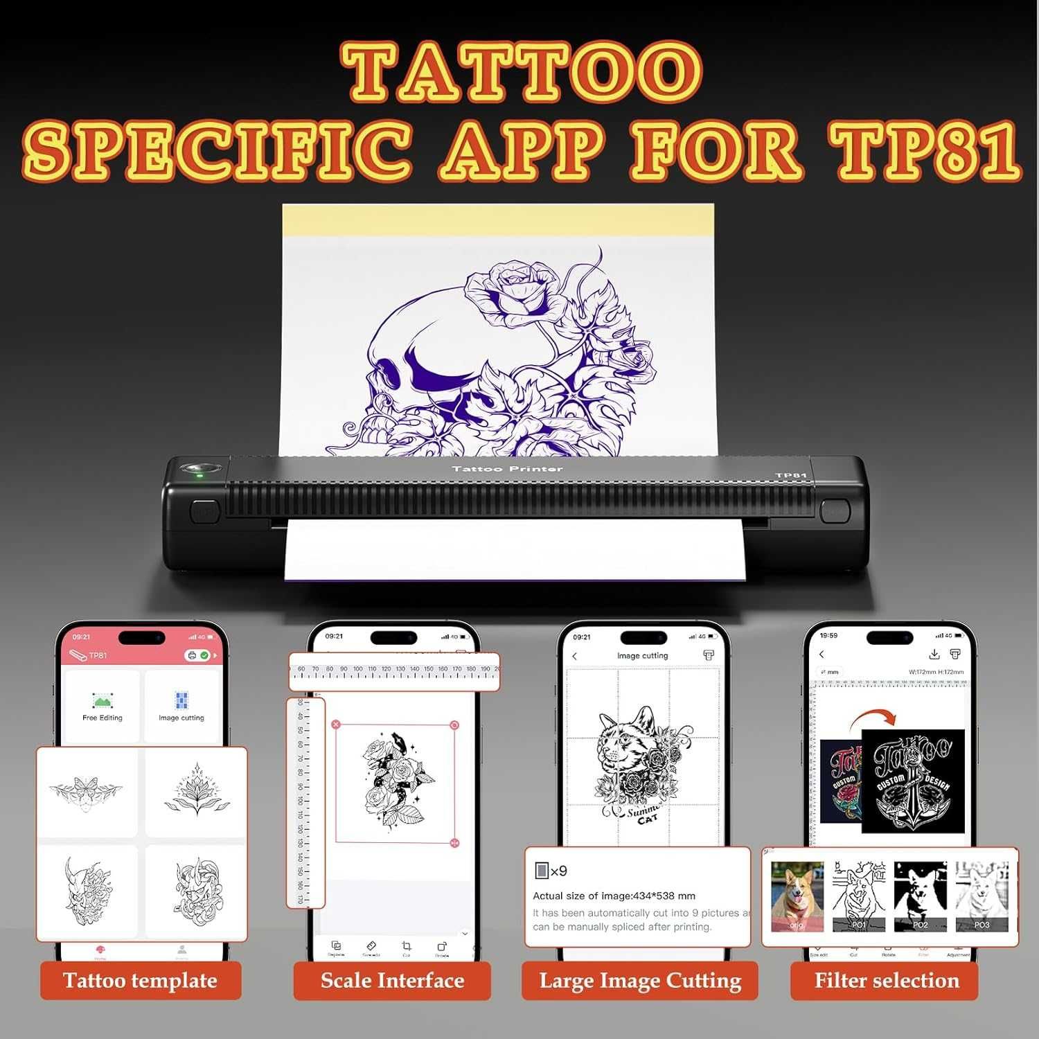 Принтер PhoFuta TP81, шаблони за татуировки с 10 бр. трансферна хартия