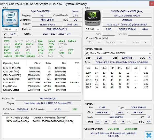 Laptop Acer Aspire3 Intel Gen7 I5 7200u SSD Ram 12Gb Video MX 130 2Gb