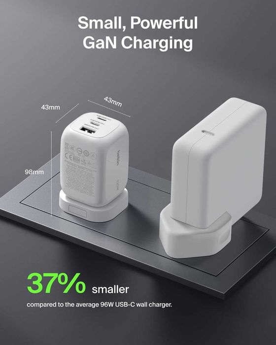 Зарядно Belkin 3-портово 100W, GaN, с 2 USB-C и 1 USB-A порта, бяло