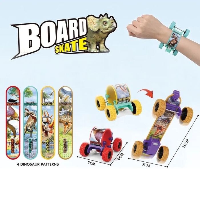 Skateboard purtabil Dino Transformer cu lumini. Din jucărie în brățară