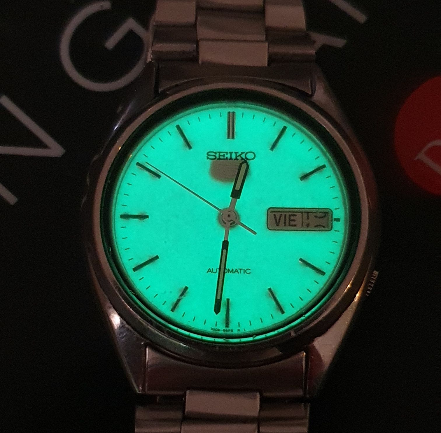 Seiko rar automatic cu cadran fosforescent, carcasa inox, bratara orig