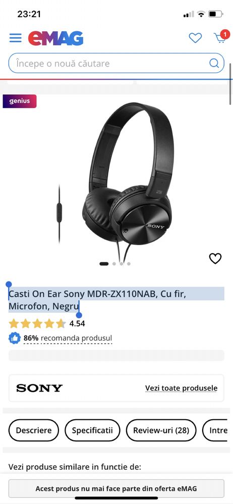 Casti On Ear Sony MDR-ZX110NAB, Cu fir, Microfon, Negru