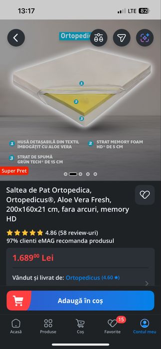Vand  Saltea de Pat Ortopedica, spuma memory HD, 200x160x21