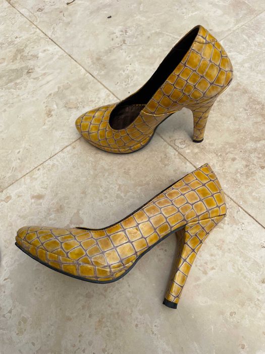 pantofi stiletto din piele de crocodil, premium, maro si galbeni, 36