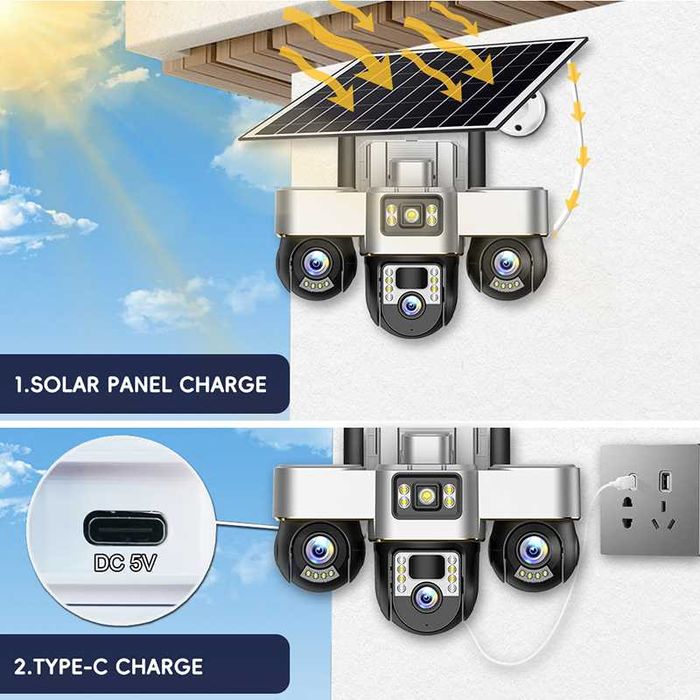 15MP HD Smart WIFI Соларна Камера Три Обектива 3 Екранни PIR Камери