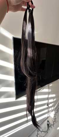 Изкуствена дълга коса - опашка на ластик във тъмно кестеняв цвят