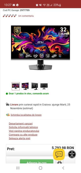 Monitor MSI MPG 321URX QD-OLED 31.5", UHD 4K, 0.03ms, 240 Hz, Negru