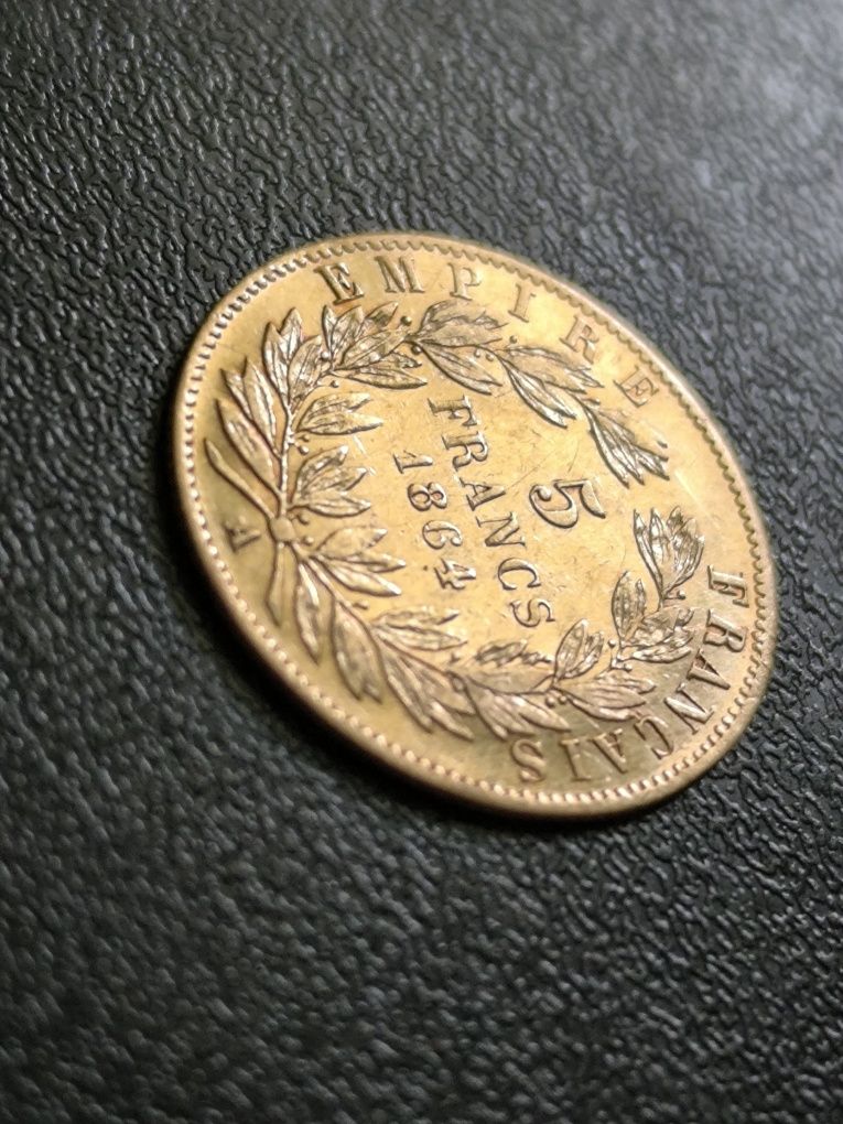 5 франка 1864 год, Наполеон с венец, Злато 1.61 гр,900/1000