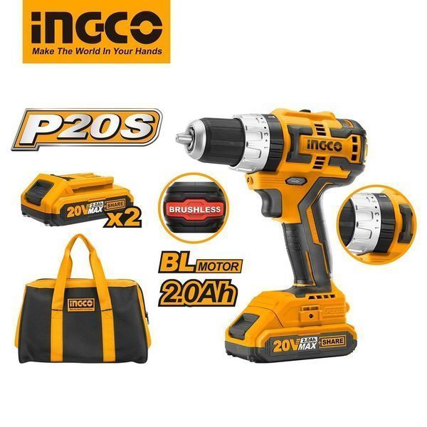 Бормашина и винтоверт с перкусия, с 2 батерии 20v 2ah ingco