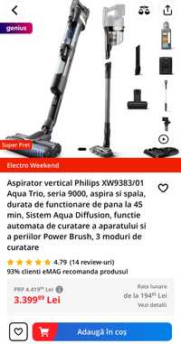 Aspirator vertical cu spalare Philips XW9383/01 Aqua Trio, seria 9000