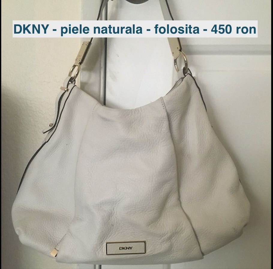 Geanta Poseta piele naturala DKNY albastru alb negru rosu maro