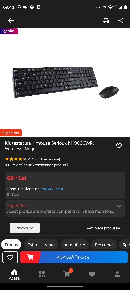 Tastatură wireless + mouse wireless Serioux 9800WR