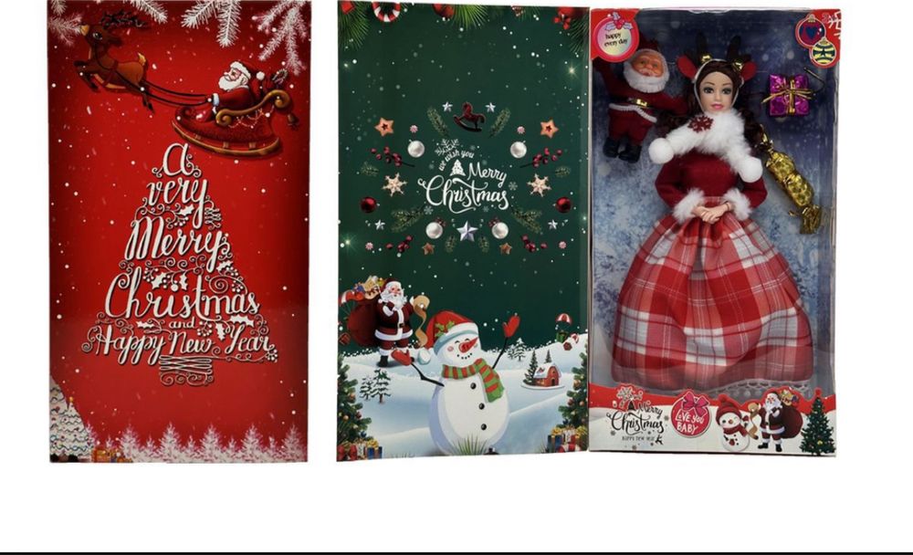 Papusa cadou Craciun cu rochie eleganta si accesorii