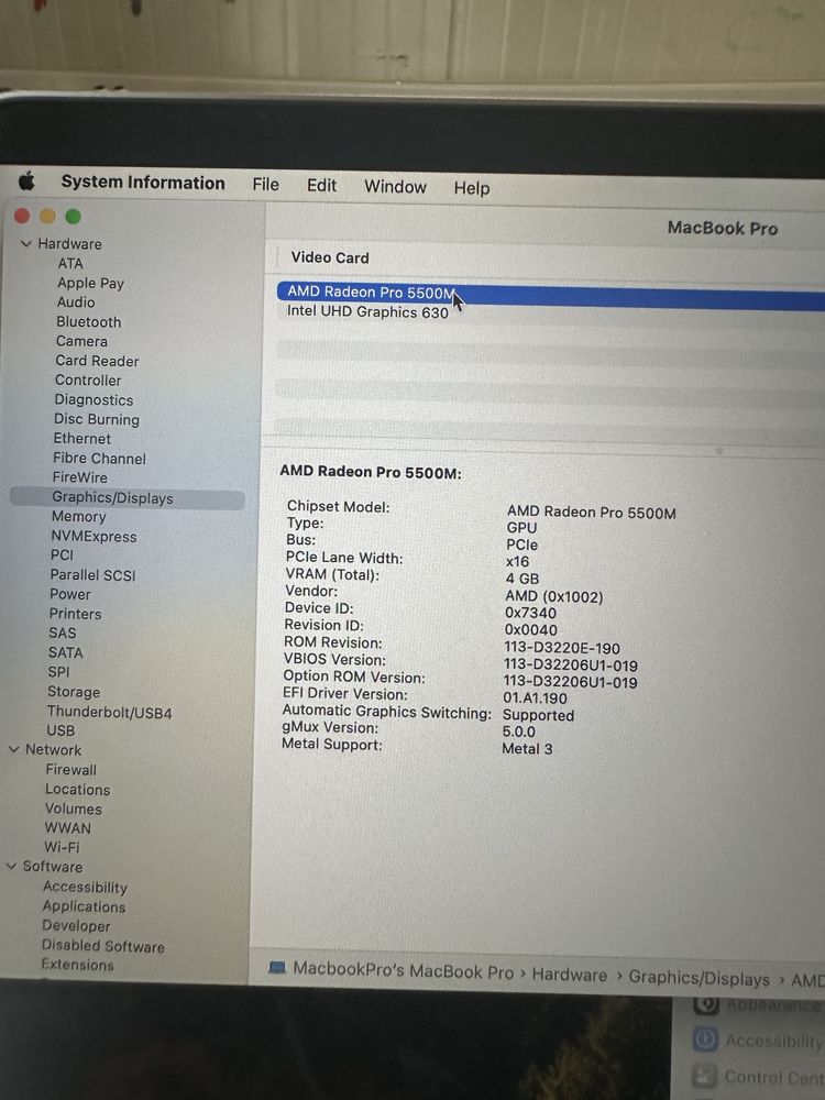 Macbook pro 16 inch 2019  i9 16 gb 1 tb ssd radeon 5500m