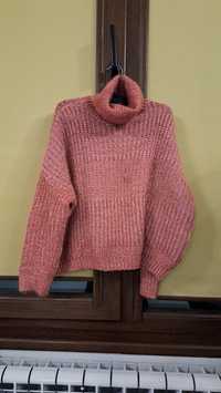 Плетен розов топъл пуловер