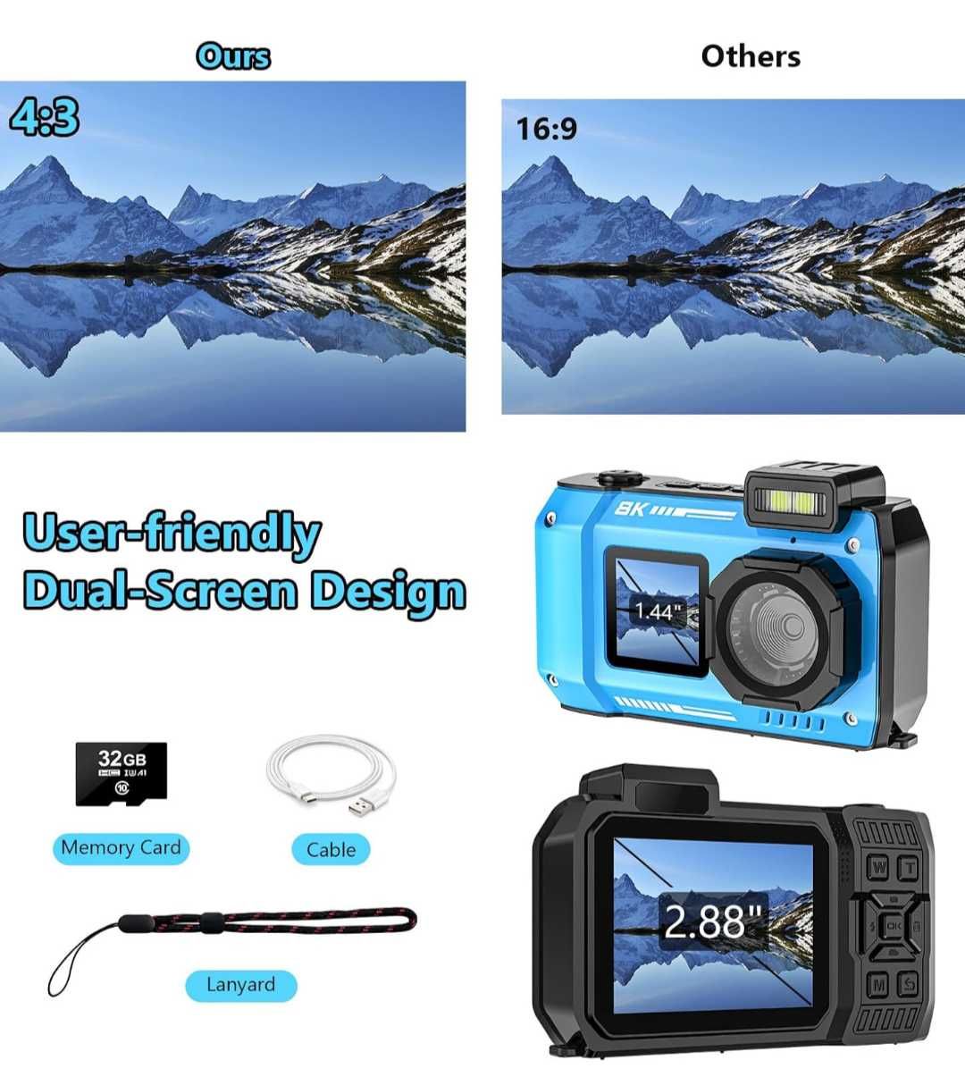 8K UHD подводен фотоапарат 70MP 32GB автофокус удароустойчив нов