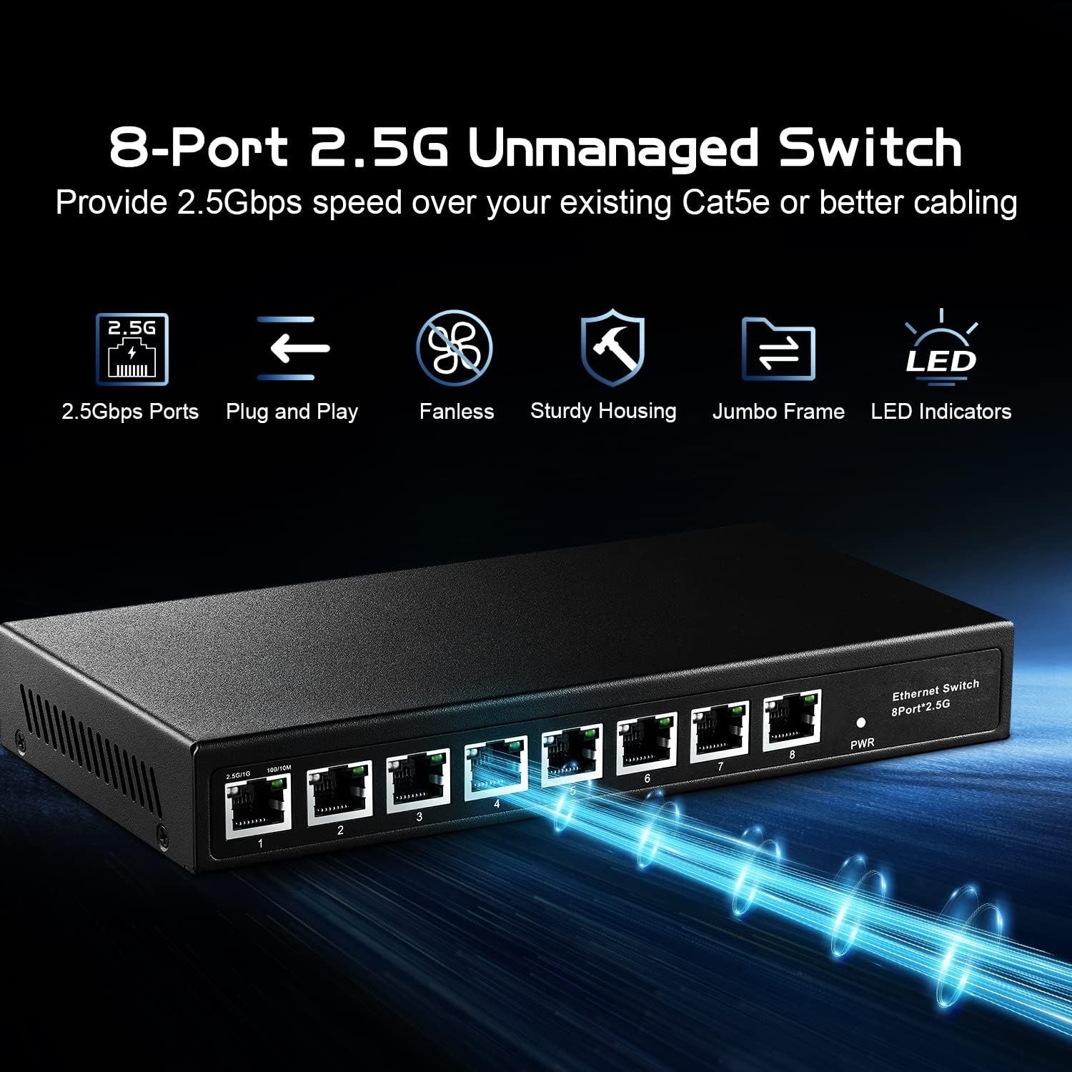Binardat 8 порта 2,5 Gbps суич, неуправляем 12Mbit кеш, Plug and Play