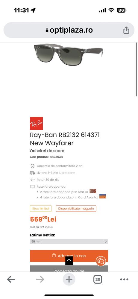 Ochelari de soare Ray Ban original Wayfarer RB2132