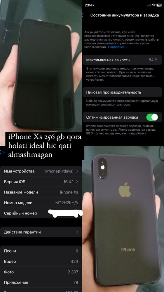 iPhone Xs 256 Gb Rangi qora