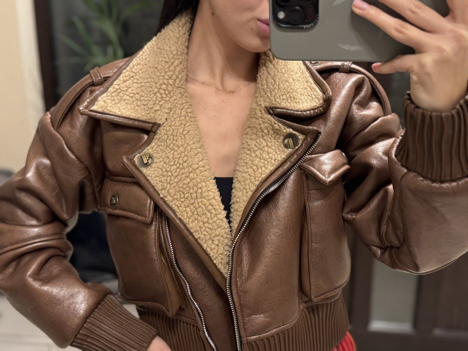 Кафяво кожено яке с пухена подпл