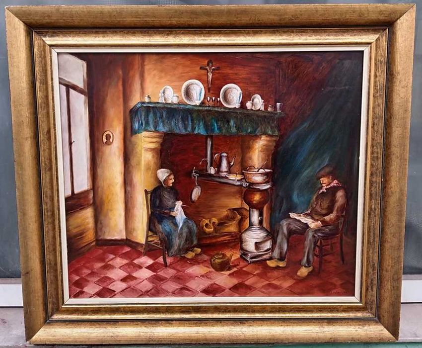 Tablou vechi - interior rustic - semnat indescifrabil