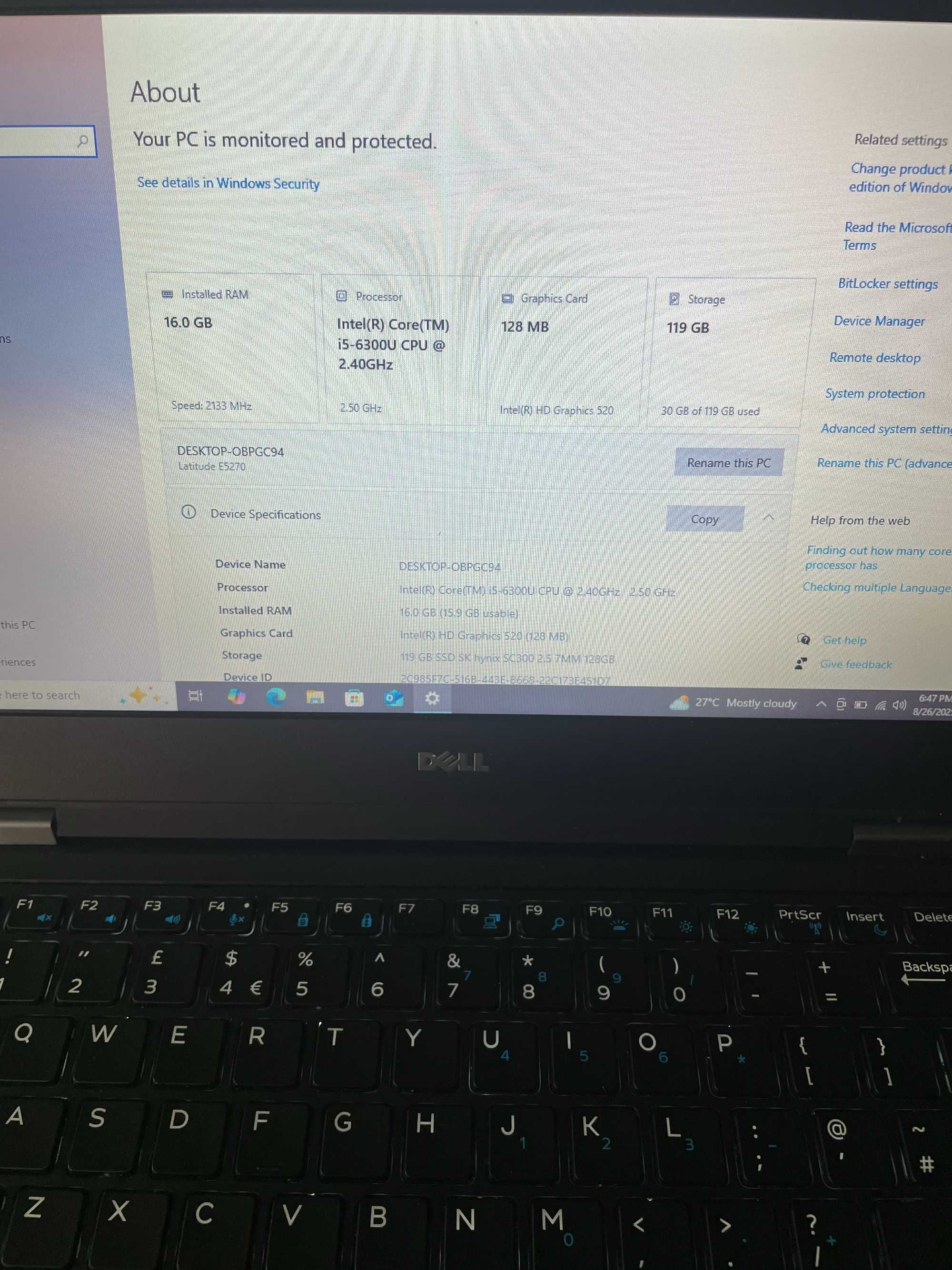 Dell Latitude E5270 - 16GB RAM, i5-6300u, 128GB SSD, 12.5'' HD