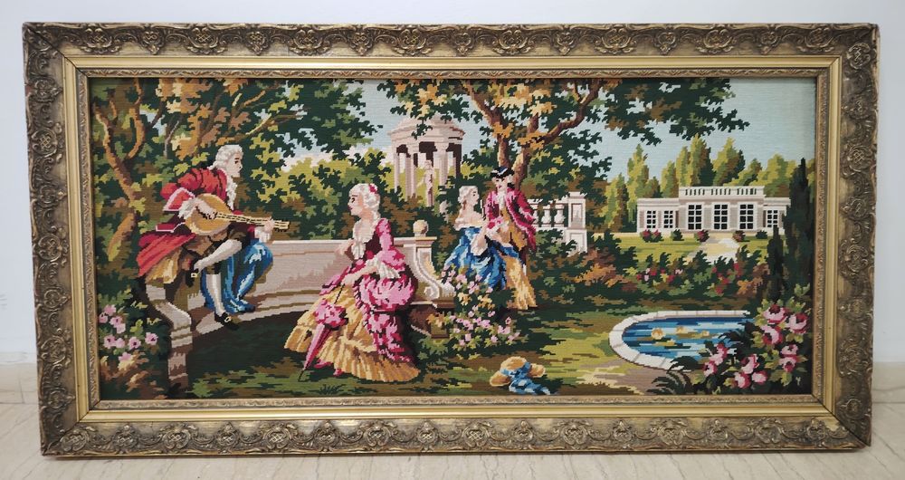 Goblen superb de dimensiuni mari,scena galanta încadrată într-o ra